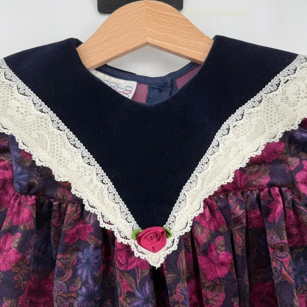 Piccolo Vintage 90s Girl's Paisley Floral Velour Collar Dress 3T‎